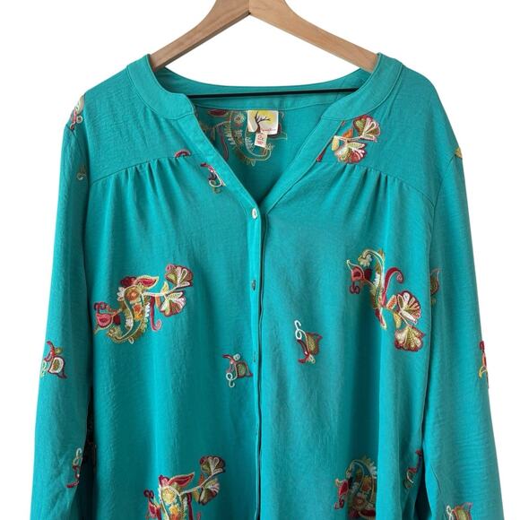 Anthropologie Fig And Flower Top 2X Teal Green Boho Peasant Floral Embroidered - Picture 3 of 9